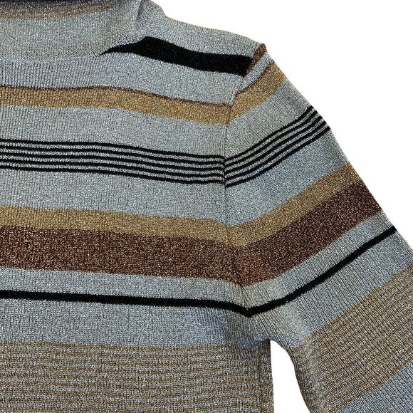 Vintage 70s 80s Metallic Lurex Striped Turtleneck Sweater Gold Silver Bronze - Picture 7 of 16